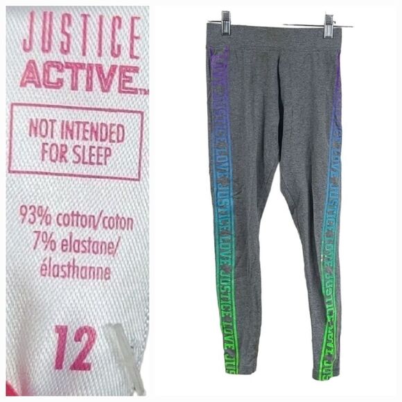 Justice Girls 12 LOVE Logo Legging Heather Gray Casual Stretch Pant Green Blue - Picture 1 of 7